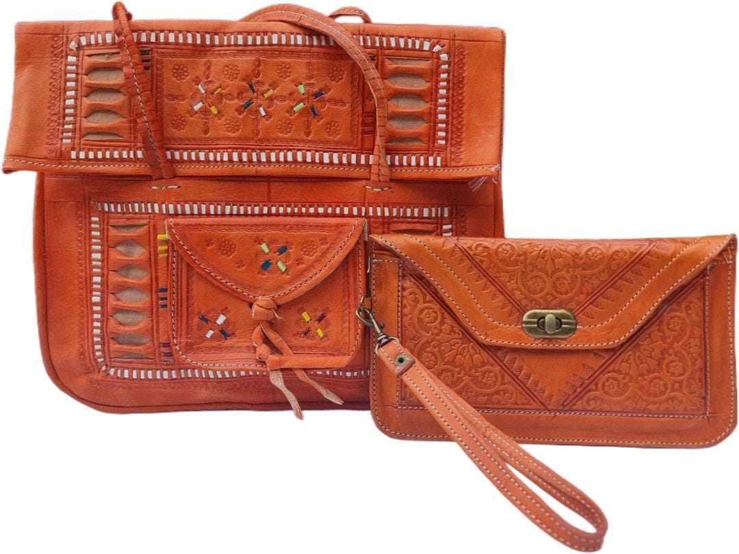 Moroccan Leather Shoulder Bag and Wallet Set: Boho Chic Purse