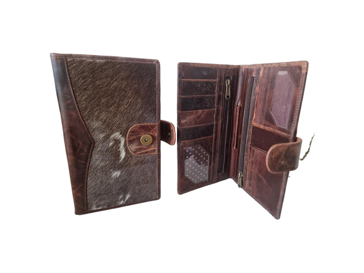 Cowhide Leather Portfolio Wallet / Western Travel Organiser Passport Holder Large Bifold Cowgirl Purse