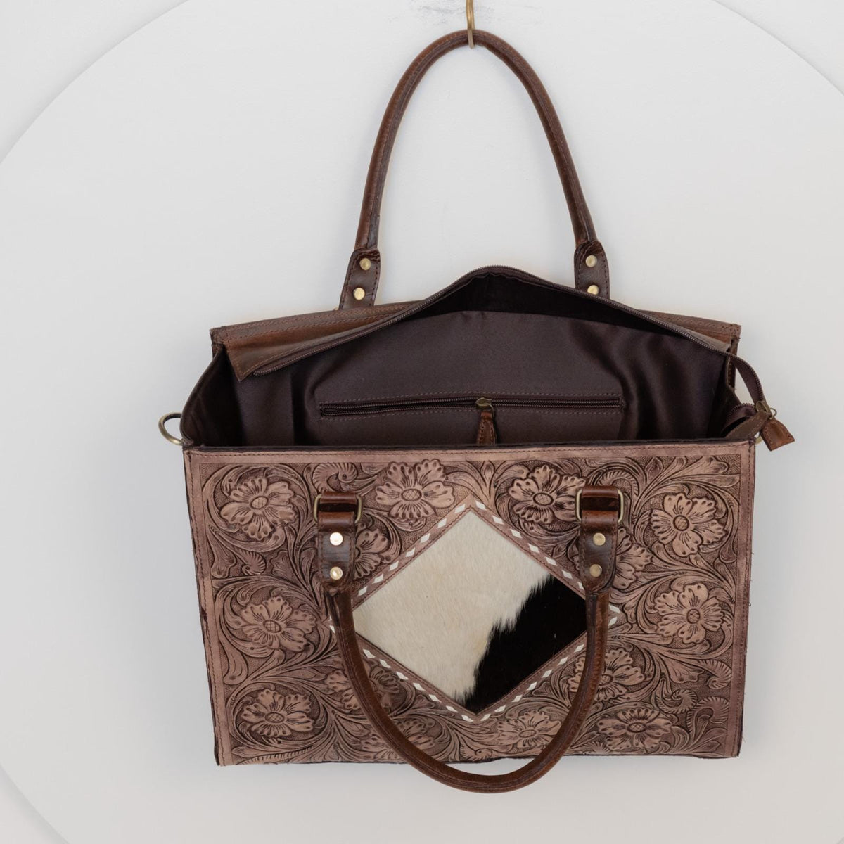 Hand-Tooled Cowhide Leather Tote Bag: Western Floral Crossbody