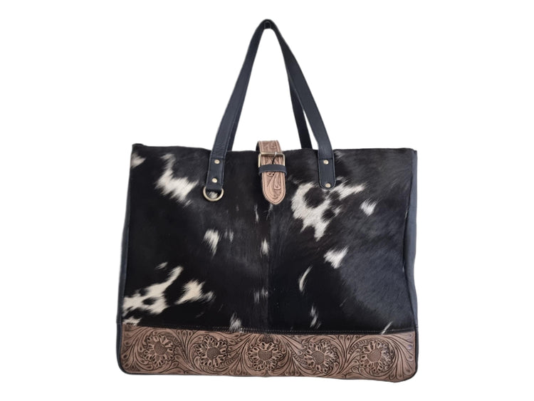 Oversize Cowhide Leather Tote Bag: Western Tooled Floral Carry-On