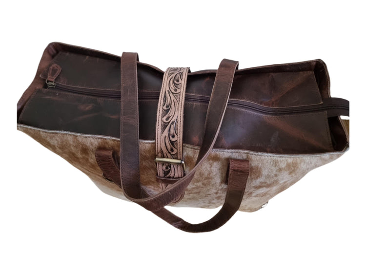 Oversize Cowhide Leather Tote Bag: Western Tooled Floral Carry-On