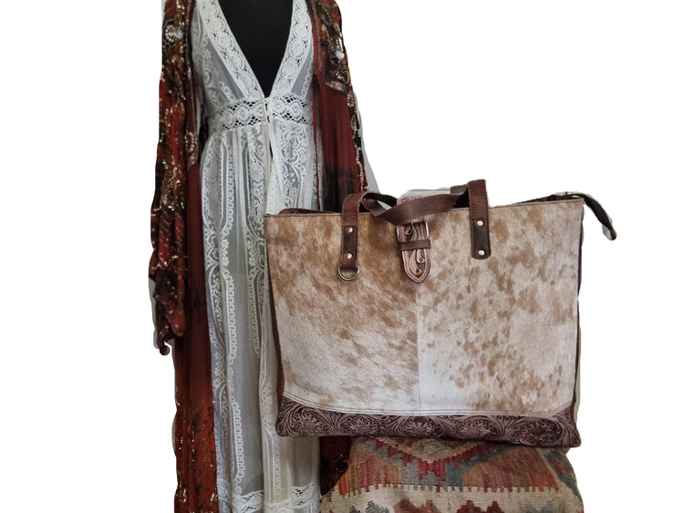 Oversize Cowhide Leather Tote Bag: Western Tooled Floral Carry-On