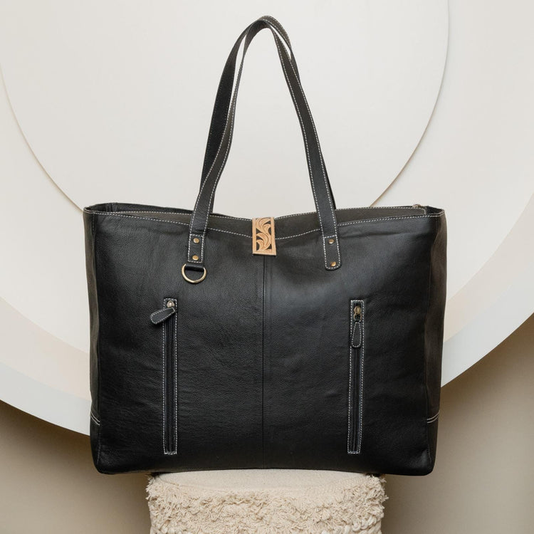 Oversize Cowhide Leather Tote Bag: Western Tooled Floral Carry-On