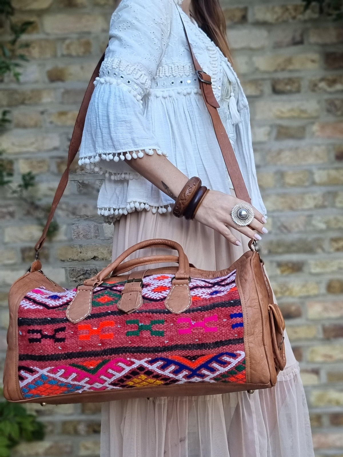 Vintage Kilim Duffle Bag: Leather Weekender, Moroccan Carpet Travel Bag