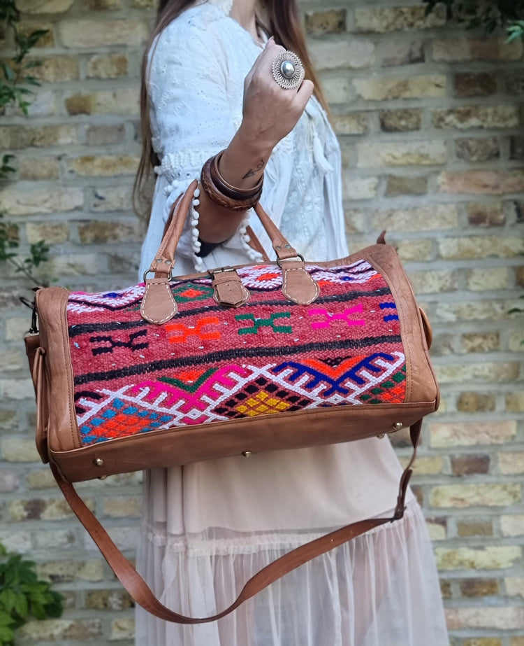 Vintage Kilim Duffle Bag: Leather Weekender, Moroccan Carpet Travel Bag
