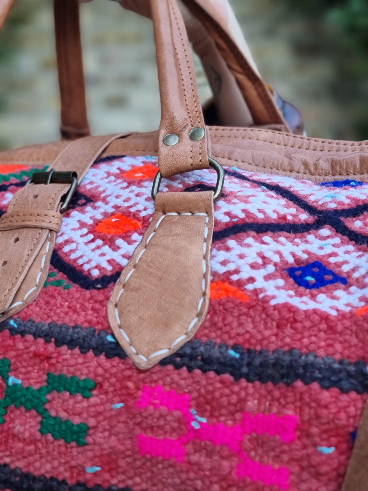 Vintage Kilim Duffle Bag: Leather Weekender, Moroccan Carpet Travel Bag