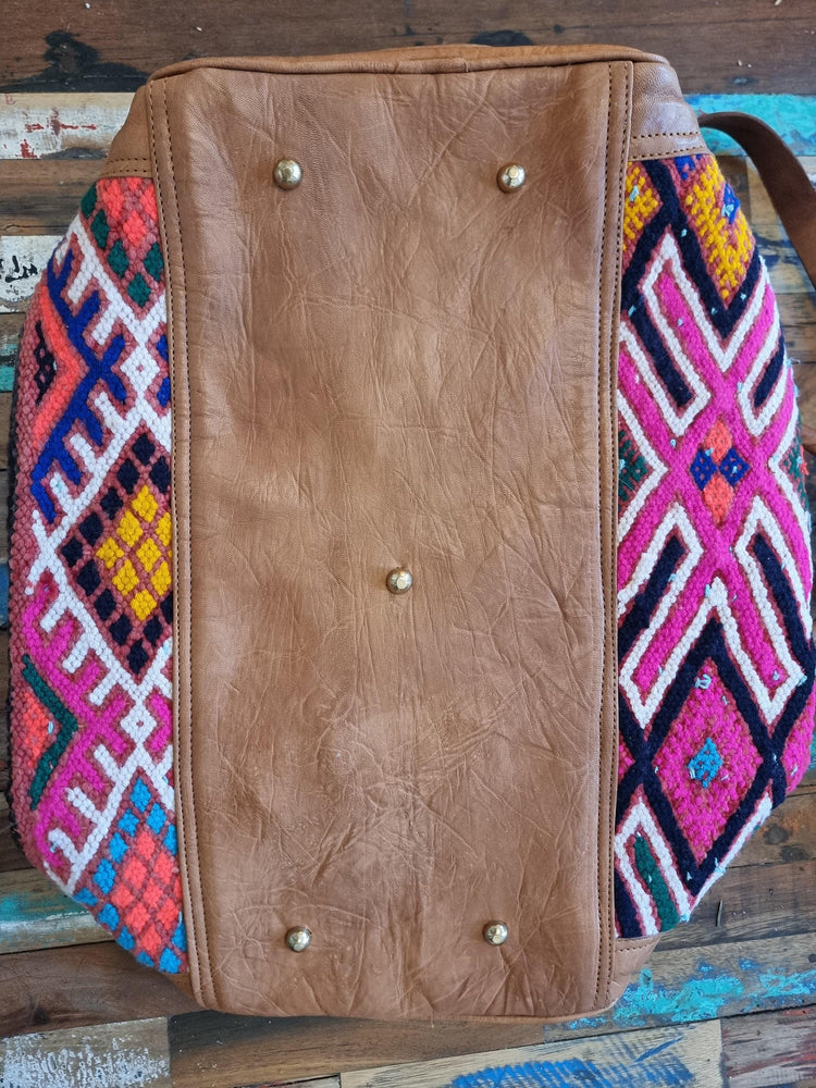 Vintage Kilim Duffle Bag: Leather Weekender, Moroccan Carpet Travel Bag