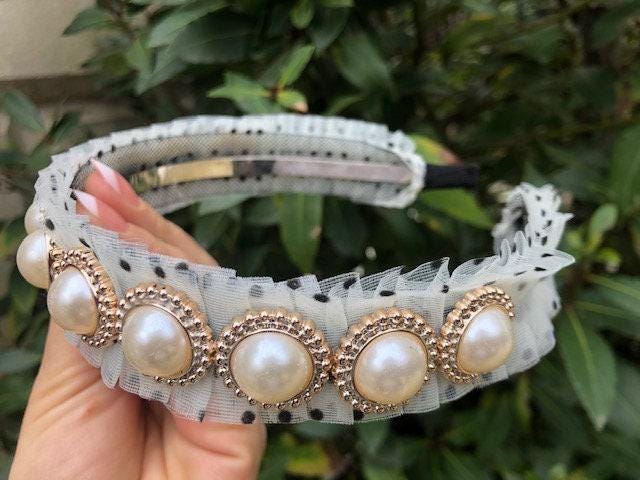 Pearl Lace Headband, Polka Dot Hairband, 1950s Rockabilly Hair Accessory, Vintage Style Pearl Headband, Bridal Boho Hairband