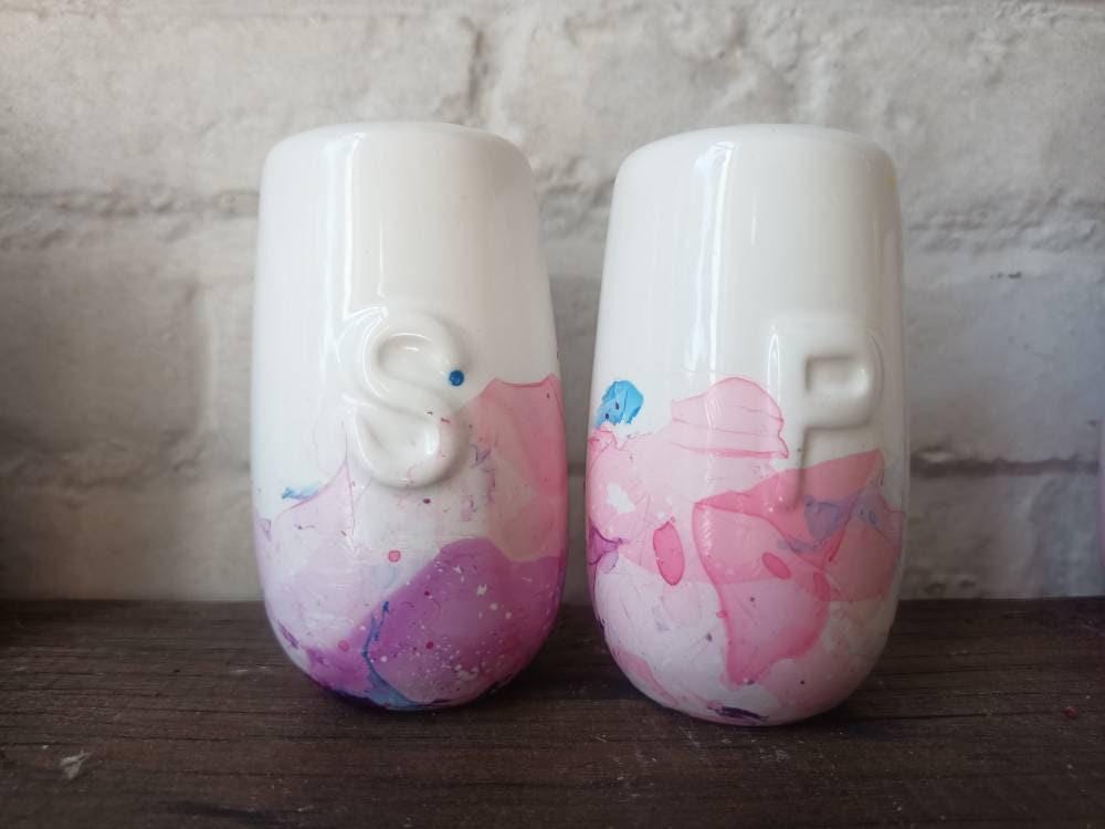 Unique Cotton Candy Salt and Pepper Shakers, Pink Purple Blue Marbled Ceramic Cruet Set, Handmade Kitchen Gift