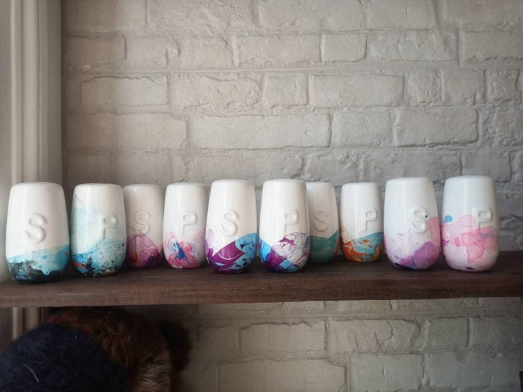 Unique Cotton Candy Salt and Pepper Shakers, Pink Purple Blue Marbled Ceramic Cruet Set, Handmade Kitchen Gift