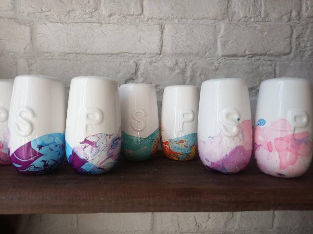 Unique Cotton Candy Salt and Pepper Shakers, Pink Purple Blue Marbled Ceramic Cruet Set, Handmade Kitchen Gift