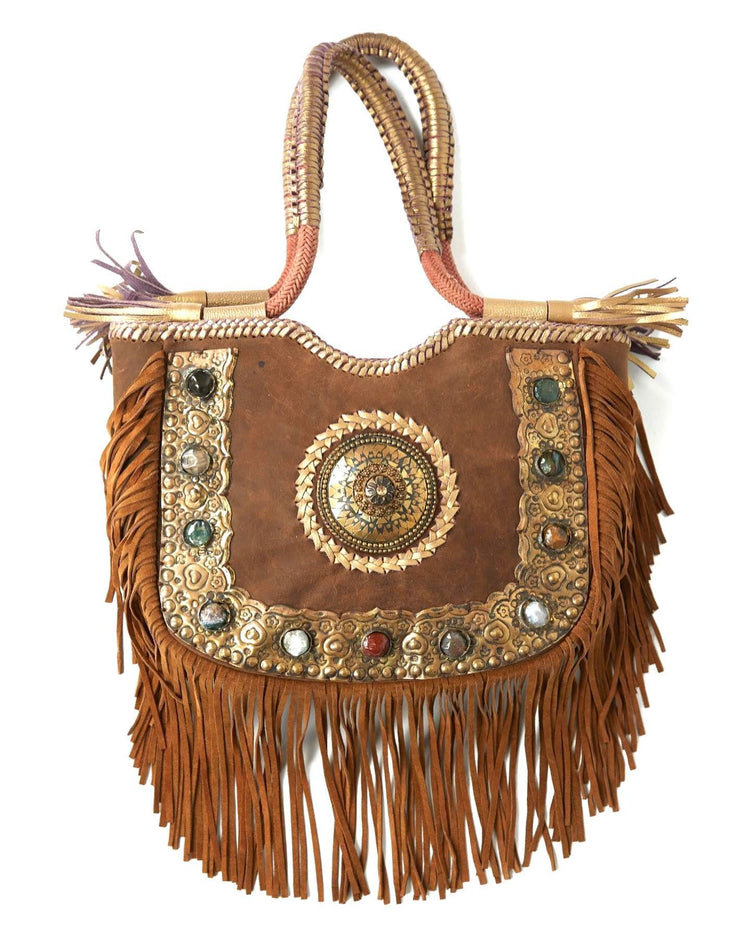 Large Boho Fringe Leather Purse: Artisan Handmade Gemstone Tote