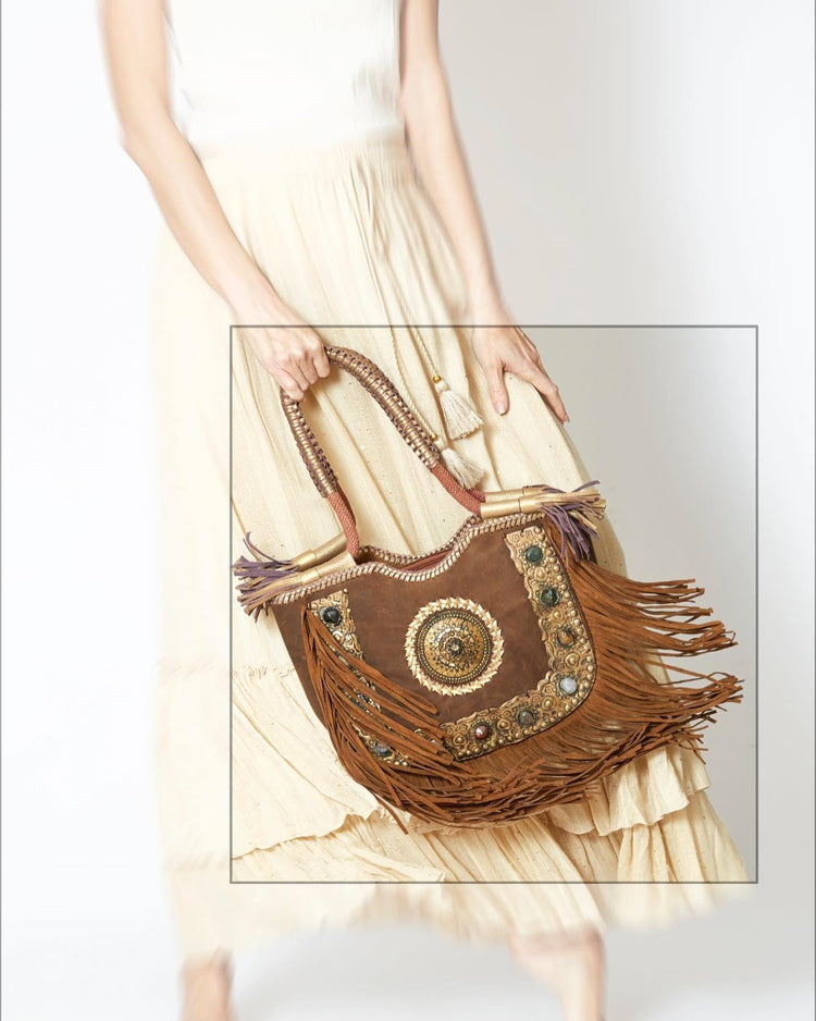 Large Boho Fringe Leather Purse: Artisan Handmade Gemstone Tote
