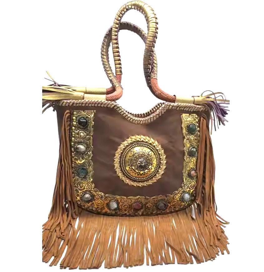 Large Boho Fringe Leather Purse: Artisan Handmade Gemstone Tote