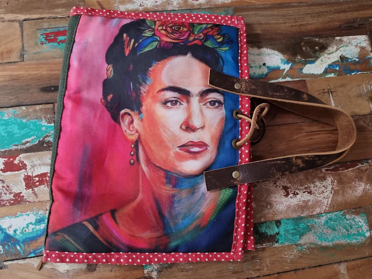 Frida Kahlo Leather Pouch, Handmade Boho Book Cover, Art Lover Gift, Frida Kahlo Canvas Case, Vintage Style Travel Document Holder