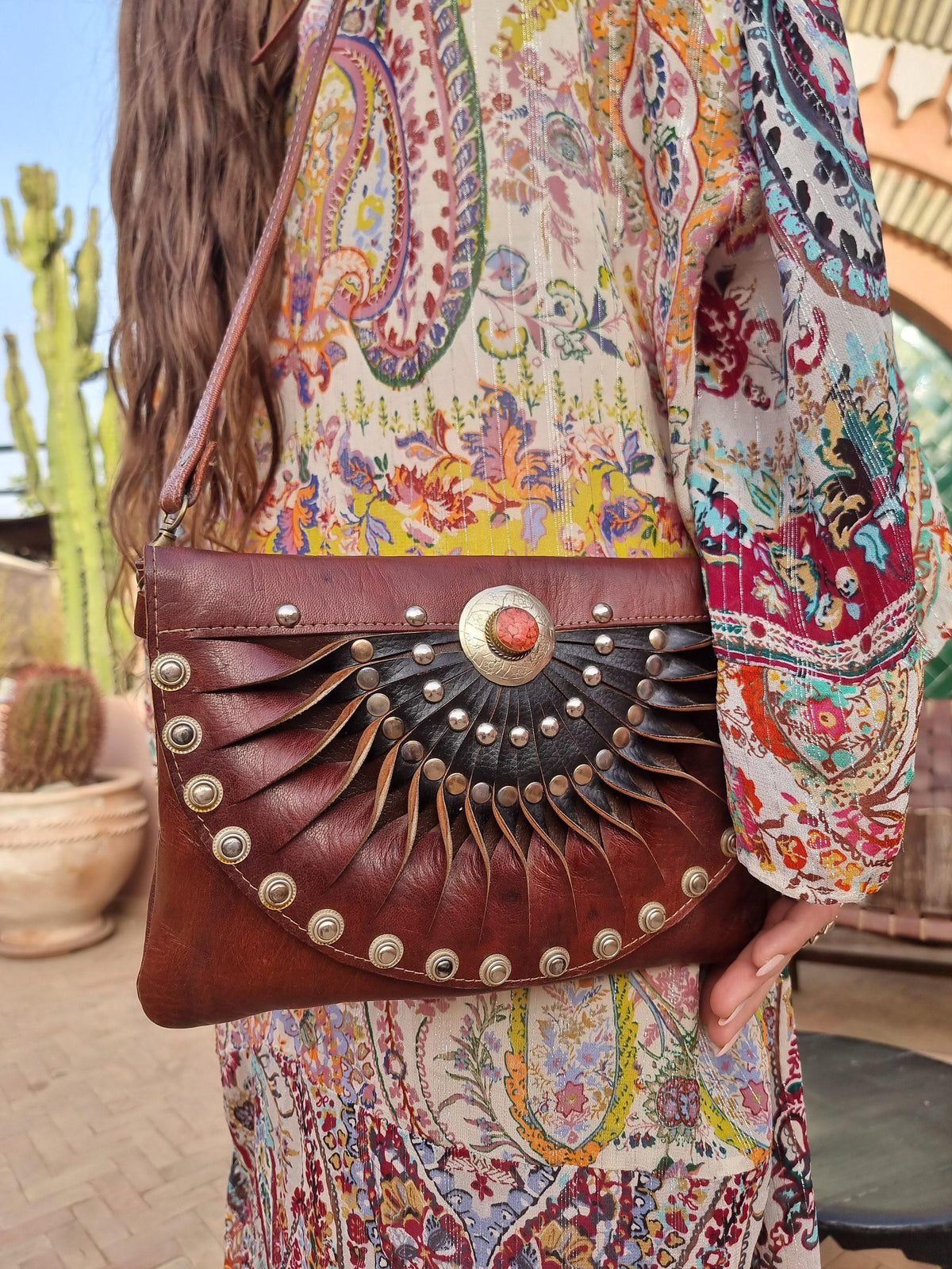 Half Moon Leather Satchel: Boho Studded Clutch Bag