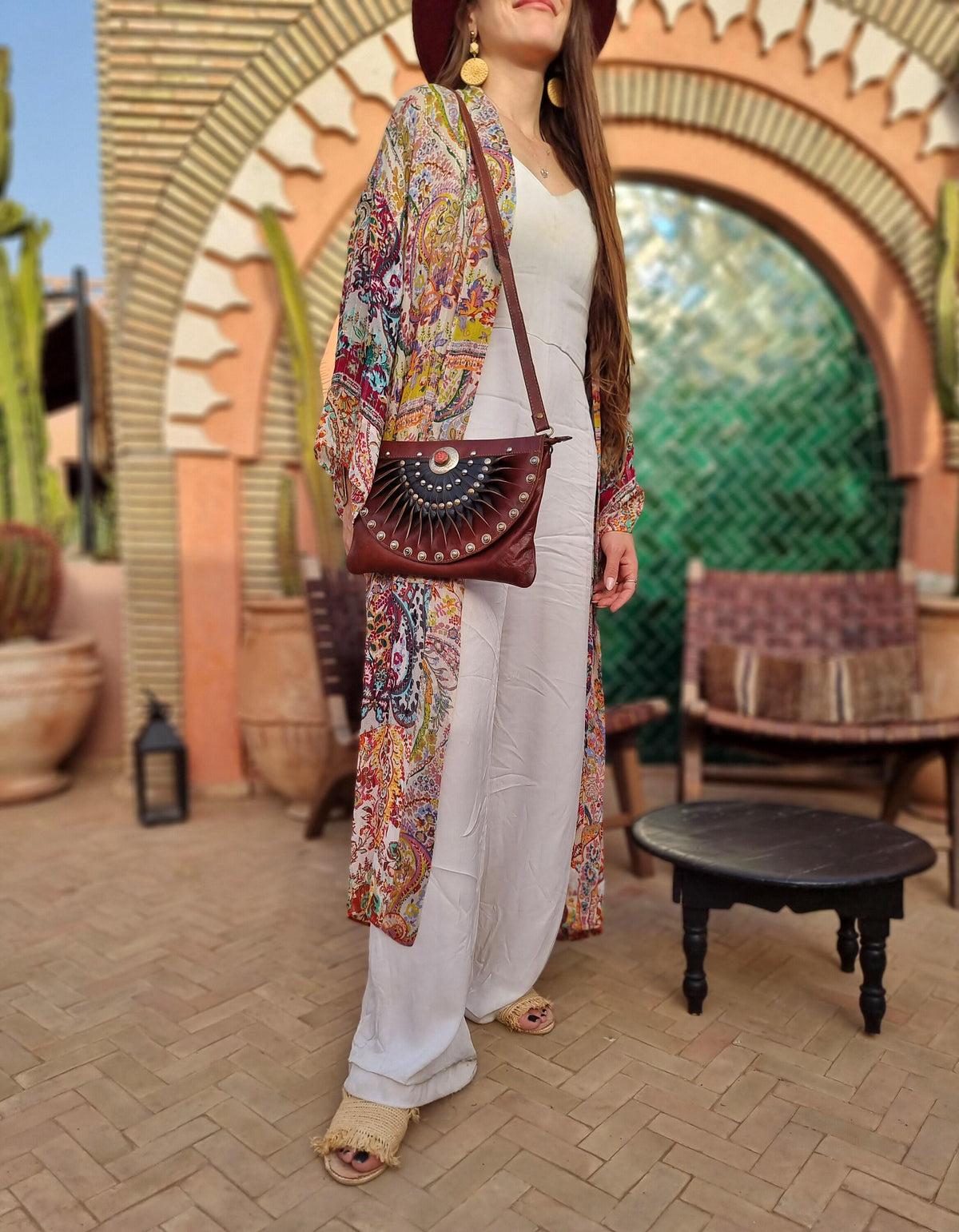 Half Moon Leather Satchel: Boho Studded Clutch Bag