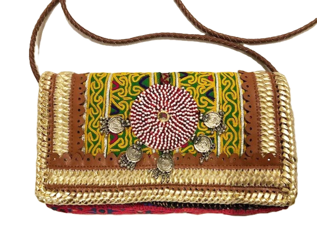 Small Leather Crossbody Bag: Boho Hippie Purse with Tapestry & Tribal Accents