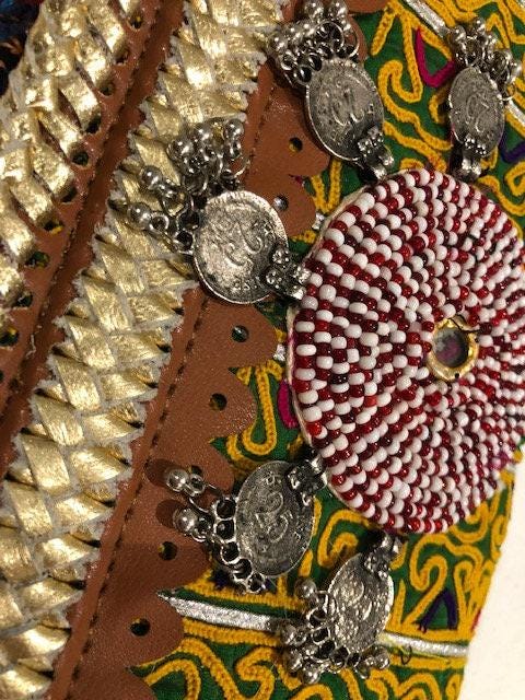 Small Leather Crossbody Bag: Boho Hippie Purse with Tapestry & Tribal Accents