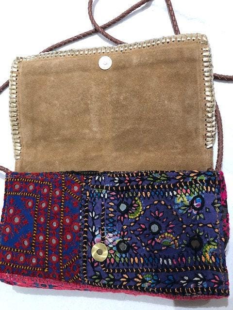 Small Leather Crossbody Bag: Boho Hippie Purse with Tapestry & Tribal Accents