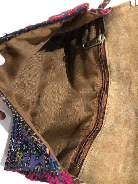 Small Leather Crossbody Bag: Boho Hippie Purse with Tapestry & Tribal Accents
