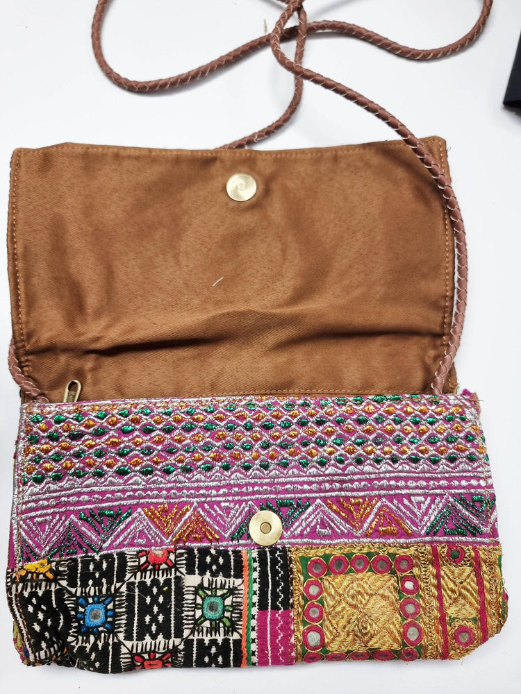 Small Leather Crossbody Bag: Boho Hippie Purse with Tapestry & Tribal Accents