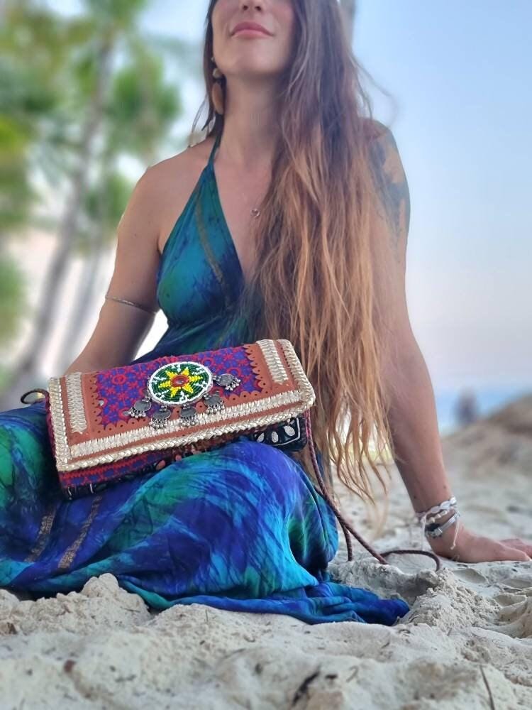 Boho Leather Crossbody Bag: Banjara Tribal Clutch, Hippie Festival Purse