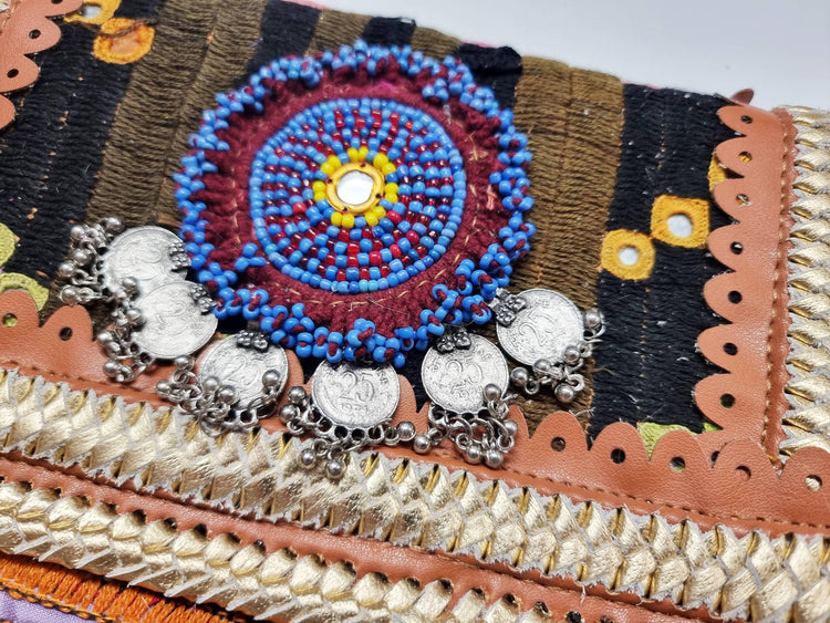 Small boho leather bag, gypsy purse beaded, vintage tapestry indian banjara kuchi, hippie evening bag, tribal clutch, folklore festival