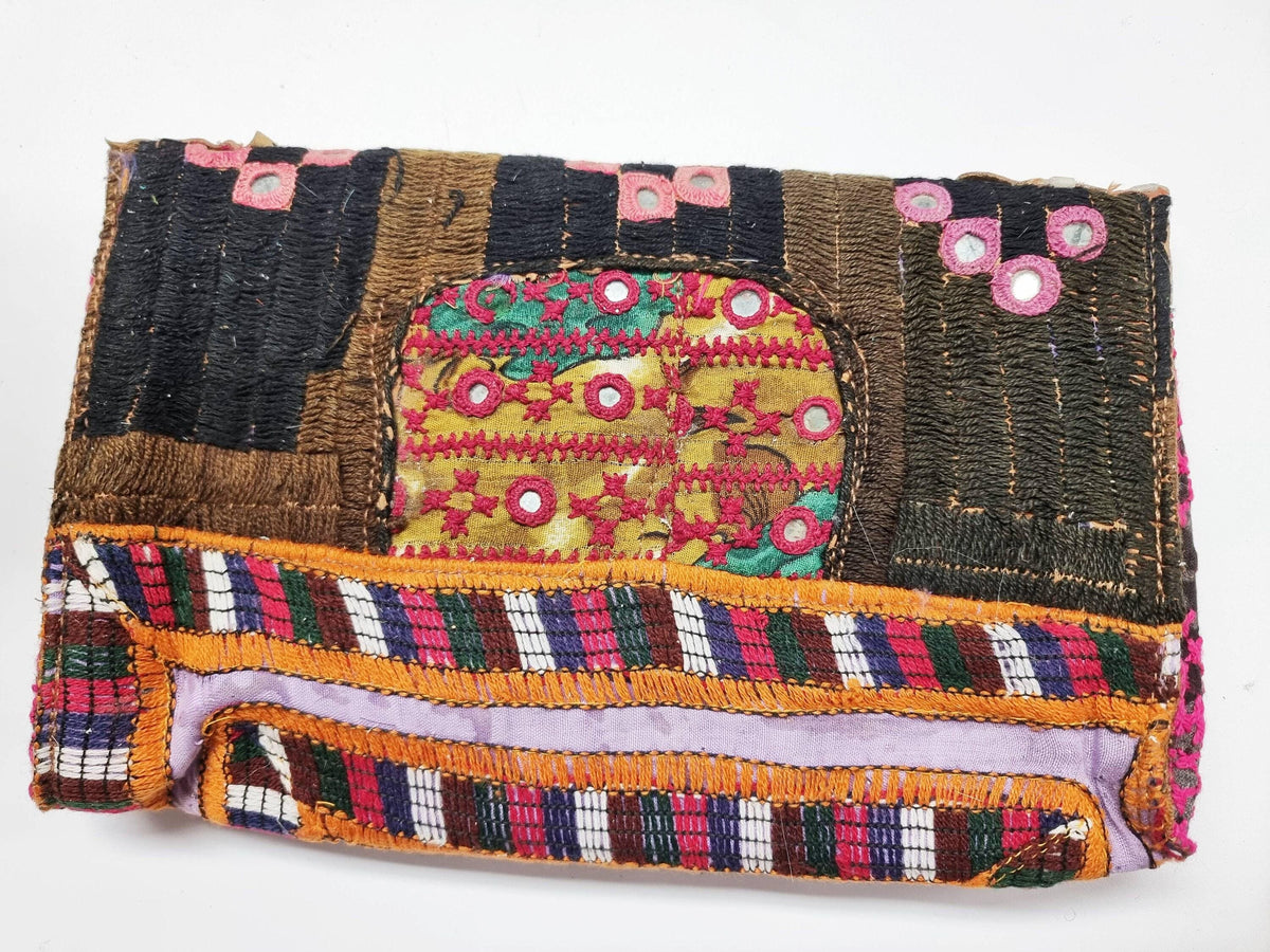 Small boho leather bag, gypsy purse beaded, vintage tapestry indian banjara kuchi, hippie evening bag, tribal clutch, folklore festival
