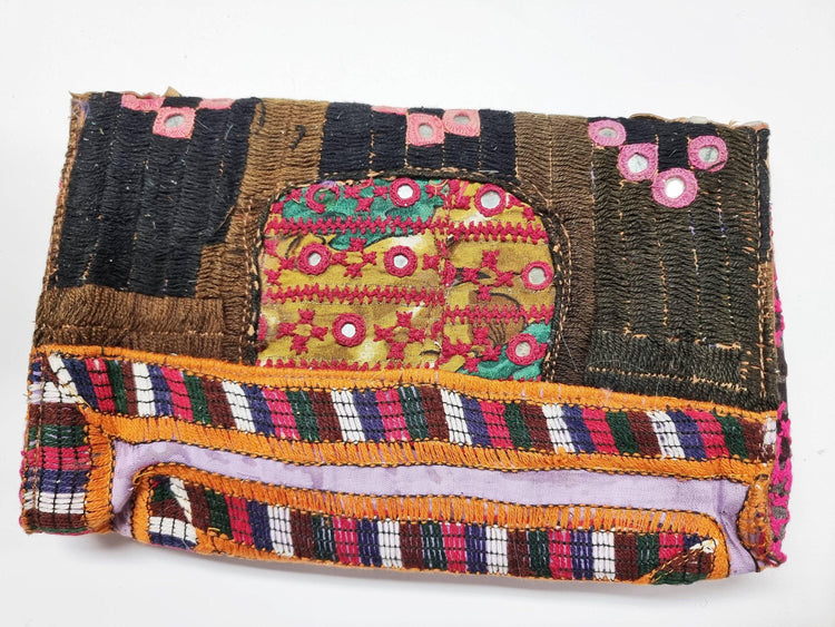 Small boho leather bag, gypsy purse beaded, vintage tapestry indian banjara kuchi, hippie evening bag, tribal clutch, folklore festival