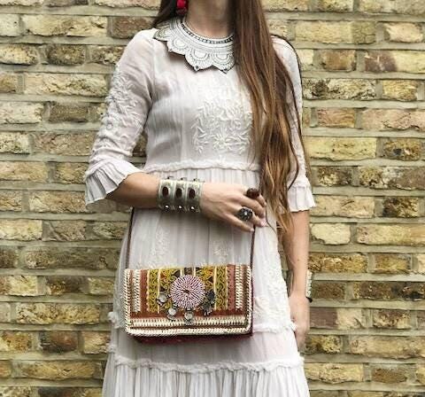 Small boho leather bag, gypsy purse beaded, vintage tapestry indian banjara kuchi, hippie evening bag, tribal clutch, folklore festival