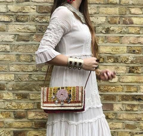 Small boho leather bag, gypsy purse beaded, vintage tapestry indian banjara kuchi, hippie evening bag, tribal clutch, folklore festival