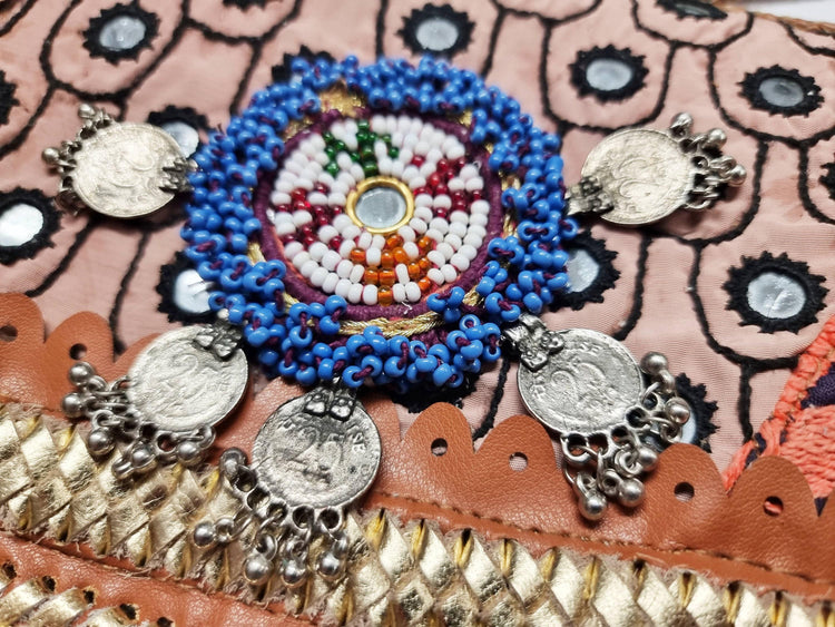 Small boho leather bag, gypsy purse beaded, vintage tapestry indian banjara kuchi, hippie evening bag, tribal clutch, folklore festival