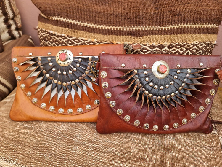 Boho Half Moon Leather Bag: Studded Rising Sun Clutch