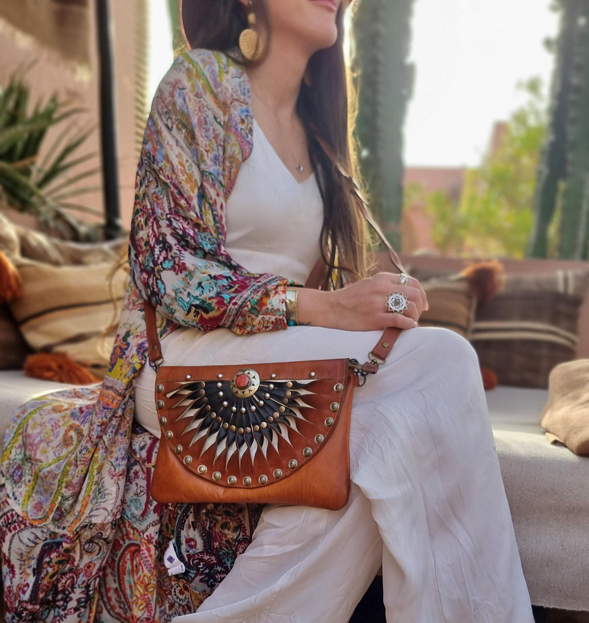 Boho Half Moon Leather Bag: Studded Rising Sun Clutch