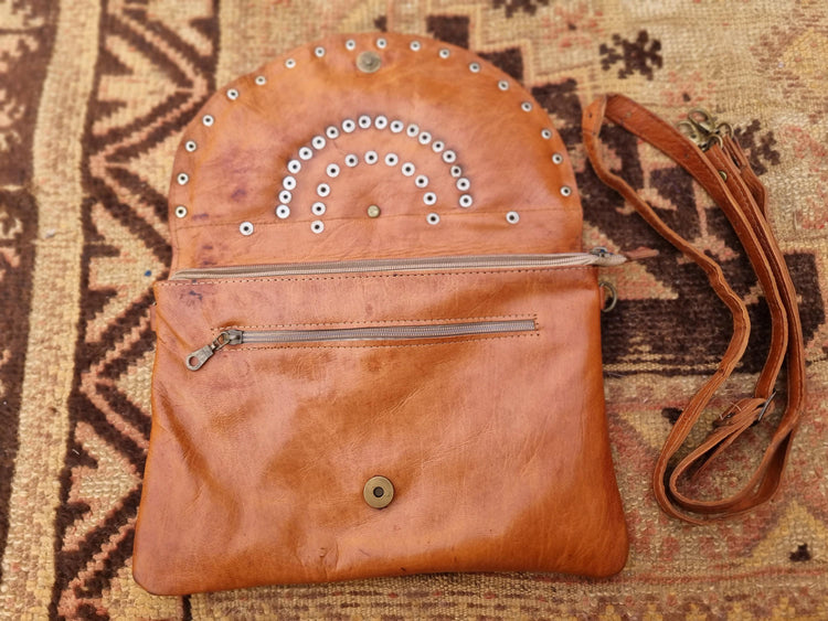 Boho Half Moon Leather Bag: Studded Rising Sun Clutch