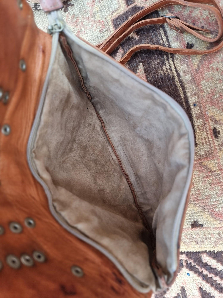 Boho Half Moon Leather Bag: Studded Rising Sun Clutch