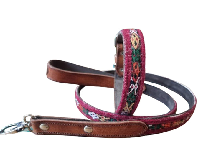 Moroccan kilim leather dog collar & lead set - genuine leather harness - personalised puppy dog gift set
