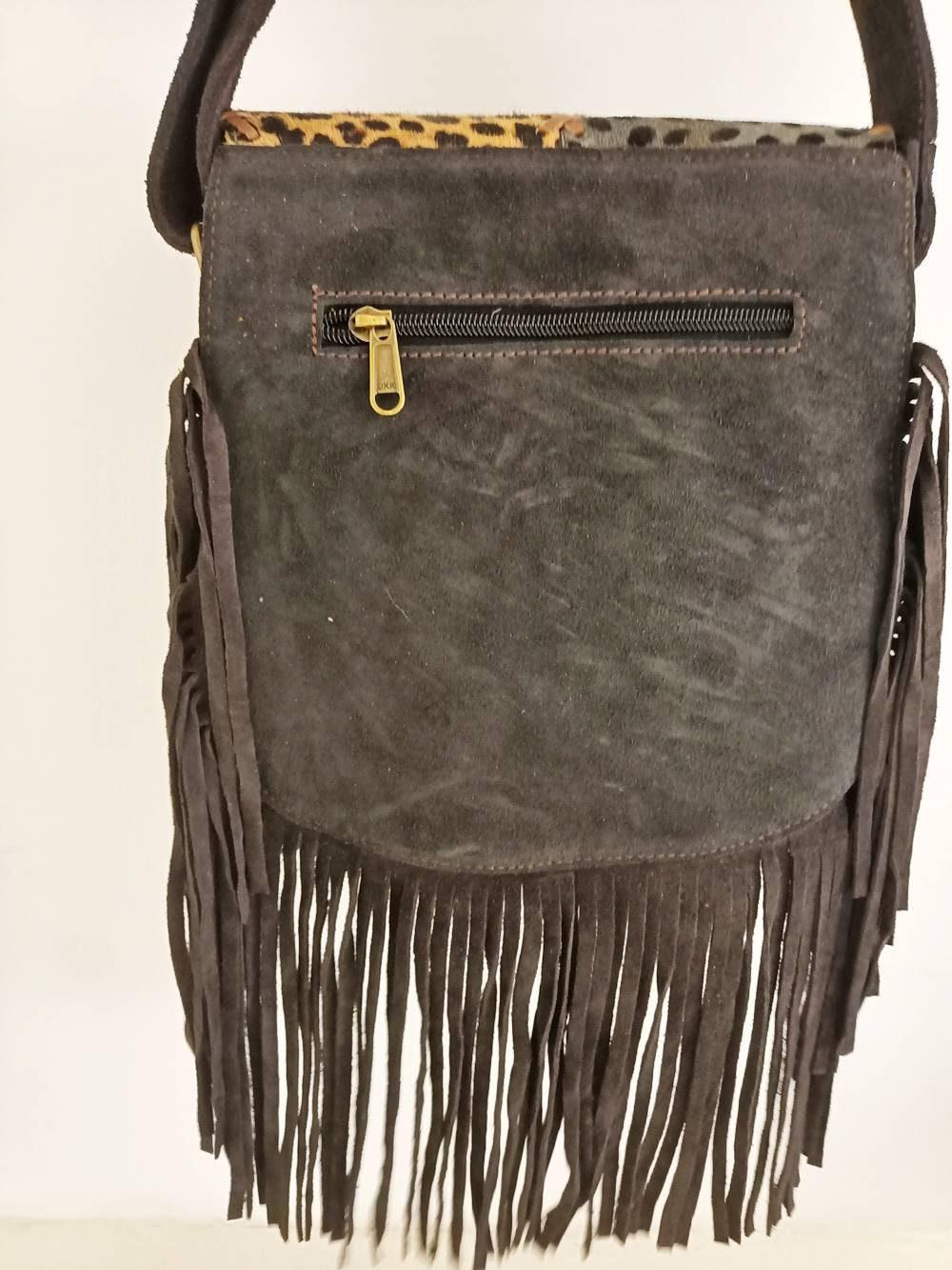 Boho Fringe Leather Crossbody Bag, Leopard Cowhide Western Purse, Hippie Festival Tassel Bag, Navajo Style Handbag