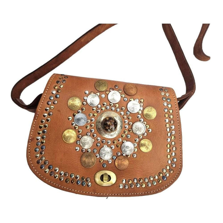Small leather bag with studs and gypsy coins, vintage moroccan berber bag, mini saddle bag, women western purse with stone