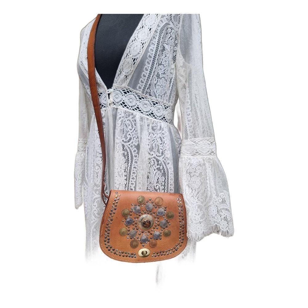 Small leather bag with studs and gypsy coins, vintage moroccan berber bag, mini saddle bag, women western purse with stone