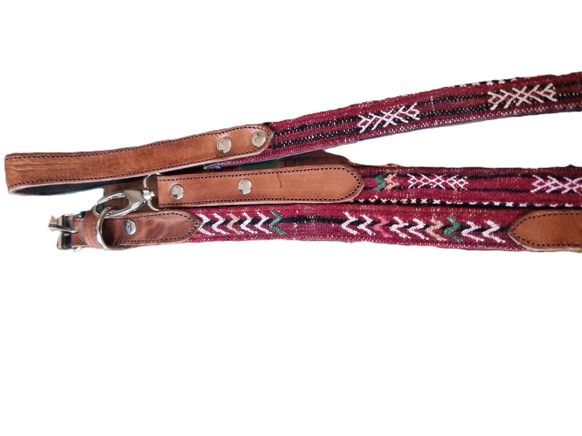 Handmade Moroccan Kilim Dog Collar & Leash Set: Boho Aztec Leather