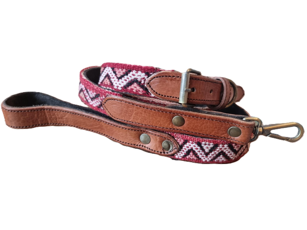 Handmade Leather Dog Collar & Leash Set: Upcycled Moroccan Kilim, Medium Size