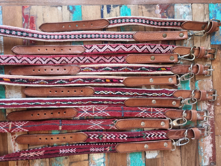 Handmade Leather Dog Collar & Leash Set: Upcycled Moroccan Kilim, Medium Size