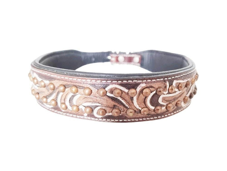 Hand-Tooled Leather Dog Collar: Boho Floral Design, Large Breed