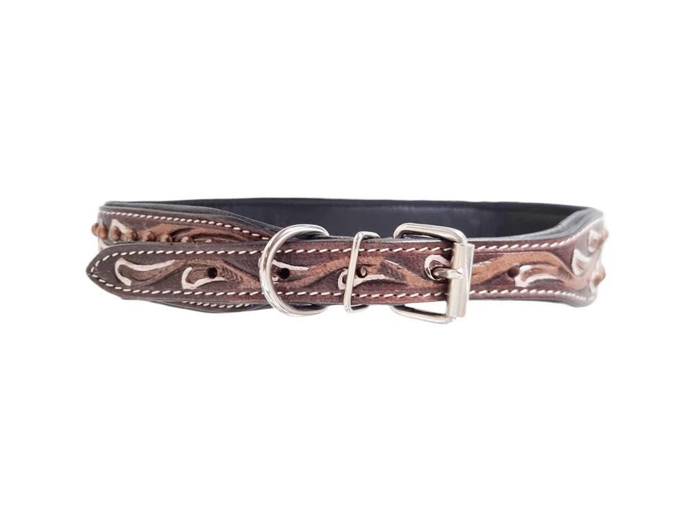Hand-Tooled Leather Dog Collar: Boho Floral Design, Large Breed