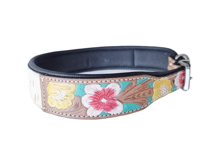 Hand-Tooled Leather Dog Collar: White Cowhide, Western Floral, Padded