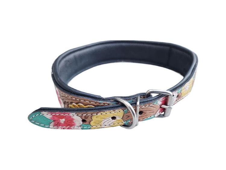 Hand-Tooled Leather Dog Collar: White Cowhide, Western Floral, Padded