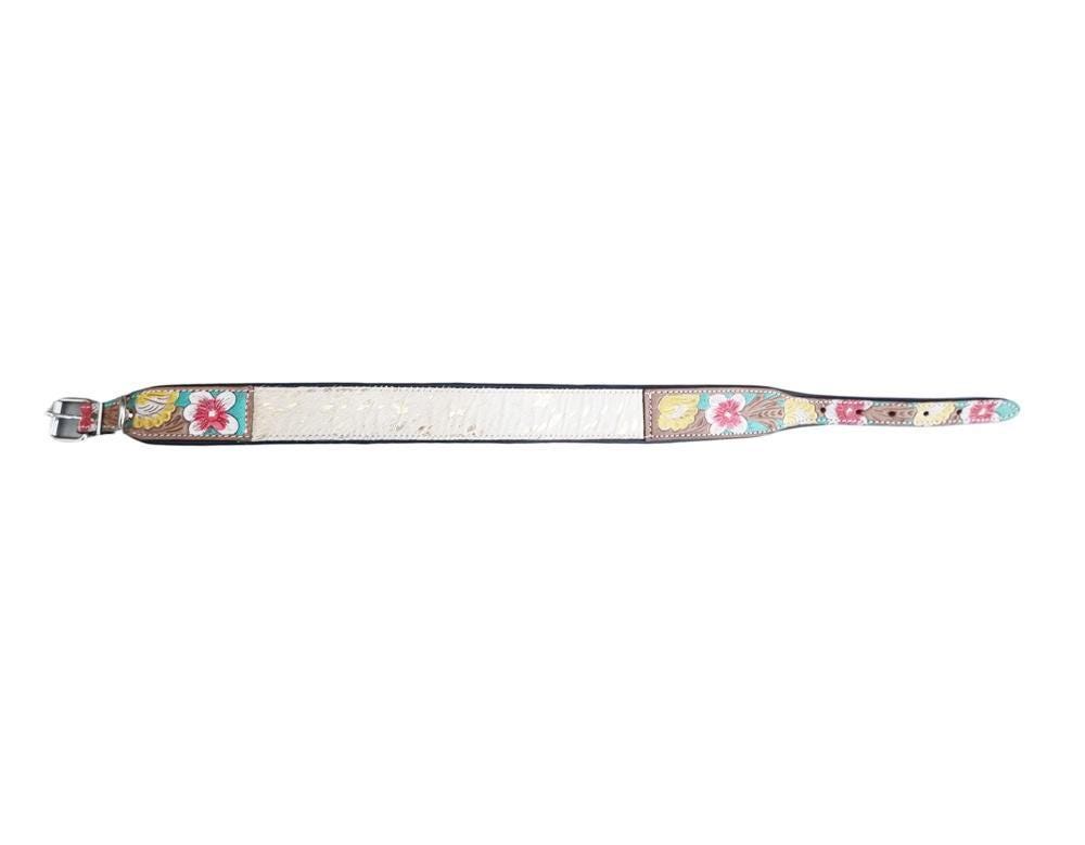 Hand-Tooled Leather Dog Collar: White Cowhide, Western Floral, Padded