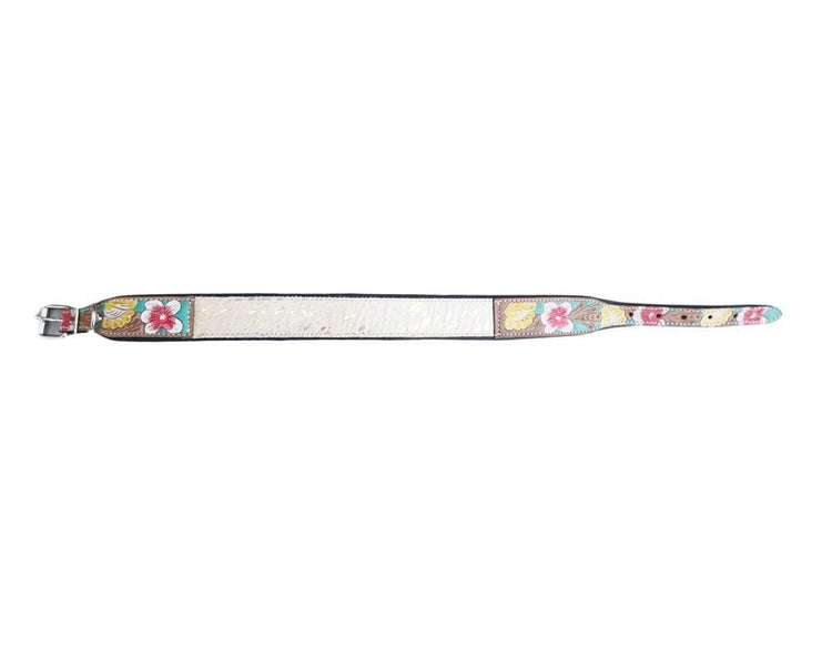 Hand-Tooled Leather Dog Collar: White Cowhide, Western Floral, Padded